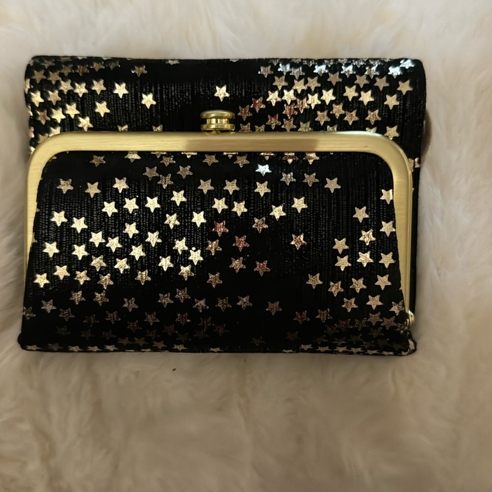 HOBO black starry bi-fold wallet, genuine, leather, gold stars lots of pockets